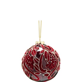 Festive Productions Flocked Petal Glass Ball Tree Decoration 10cm, burgundy with flocked floral detailing and gold hanging thread