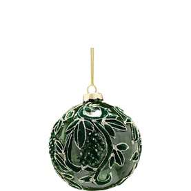 Festive Productions Flocked Petal Glass Ball Tree Decoration 10cm in green with raised white floral detailing and gold hanging loop
