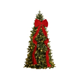 Festive Productions Long Tail Display Bow 180cm in red velvet, styled on a decorated pre-lit Christmas tree with warm white lights