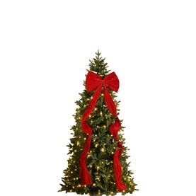 Festive Productions Long Tail Display Bow 180cm in red velvet, styled on a decorated pre-lit Christmas tree with warm white lights