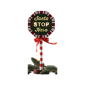 Festive Productions Lit Santa Stop Sign 32cm, red and white candy cane pole with round sign, red bow, LED-lit "Santa Stop Here" text