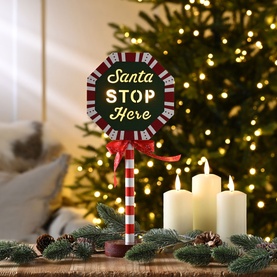 Festive Productions Lit Santa Stop Sign 32cm, lollipop-shaped decoration with red and white striped stick, glowing Santa Stop Here disc