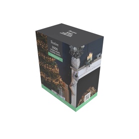 Festive Productions Multifunction Cluster Lights 3000 LED packaging, warm white, shown with festive mantelpiece lifestyle image on box.