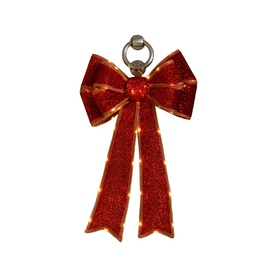 Festive Productions Lit Bow 60cm in red, oversized glitter bow with warm LED illumination, suitable for wall or window display