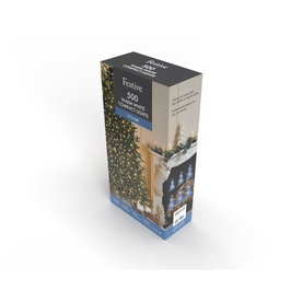 Festive Productions Compact Lights 500 LED in white packaging, showing warm white fairy lights on a Christmas tree lifestyle image.