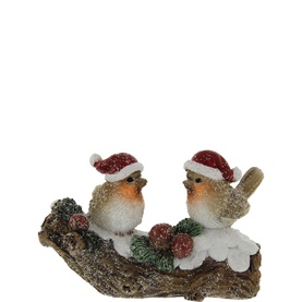Robins on Snowy Log 15cm