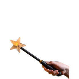 Festive Productions Remote Control Magic Wand in gold, handheld black wand with illuminated amber star tip, plastic construction