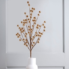 Festive Productions Berry Spray 56cm in metallic gold, multi-stem branch with round berries, displayed in a white vase