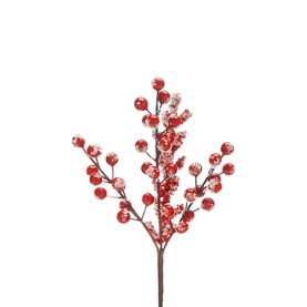 Festive Productions Frosted Berry Stem 31cm, red frosted polyfoam berries on branching wire stems with soft matte-iced finish