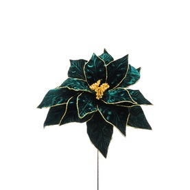 Festive Productions Poinsettia Stem 54cm in green velvet with gold-edged petals and gold centre detail on a wire stem