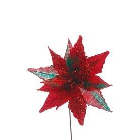 Tartan Glitter Poinsettia Stem 54cm