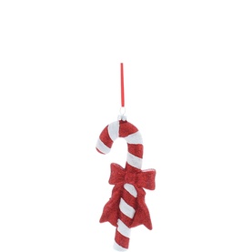 Festive Productions Glitter Striped Candy Cane Tree Decoration 17cm, red and white striped resin ornament with glitter finish and bow detail