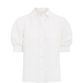 Forever New Finley Embroidered Blouse in white, classic collar, puff elbow sleeves, front button-down closure, straight-fit silhouette