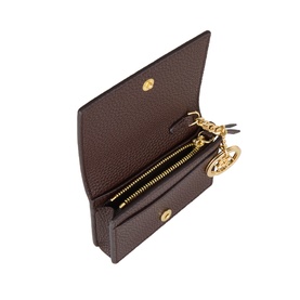 Ganni Chicory Coffee cardholder open, showing gold-tone zip compartment, card slots, and gold logo charm keyring fob.