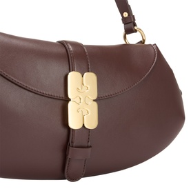 Ganni B-Kat Logo Shoulder Bag in Chicory Coffee smooth leather with gold-tone butterfly logo hardware and flap closure