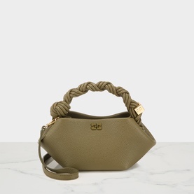 Ganni Bou Mini Crossbody Bag in Military Olive, braided top handle, gold-tone hardware, detachable crossbody strap, textured finish