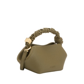 Ganni Bou Mini Crossbody Bag in Military Olive textured leather with braided top handle, gold-tone hardware, and detachable crossbody strap