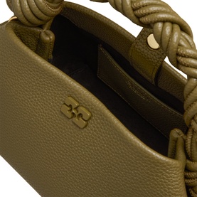 Ganni Bou Mini Crossbody Bag in Military Olive with braided top handle, gold-tone butterfly logo and textured leather finish
