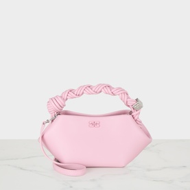 Ganni Bou Mini Crossbody Bag in Pink Nectar, smooth leather, braided top handle, silver-tone hardware, detachable crossbody strap