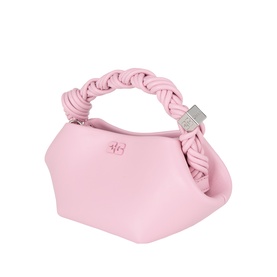 Ganni Bou Mini Crossbody Bag in Pink Nectar with braided top handle, silver-tone hardware snap closure, smooth structured silhouette