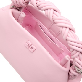 Ganni Bou Mini Crossbody Bag in Pink Nectar, open top view showing braided handle, silver-tone hardware snap fastening and pink interior