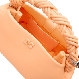 Ganni Bou Mini Crossbody Bag in Cantaloupe, open top view showing interior, braided handle and silver-tone hardware detail visible.