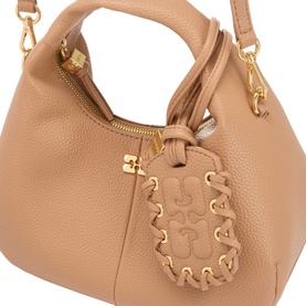 Ganni Hobo Mini Crossbody Bag in Tawny Birch, textured finish, gold-tone hardware, Butterfly logo charm, top handles and crossbody strap visible