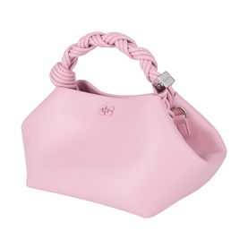 Ganni Pink Nectar crossbody bag with braided top handle, silver-tone hardware clasp, and structured silhouette