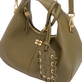 Ganni Hobo Mini Crossbody Bag in Military Olive, textured finish, gold-tone hardware, Butterfly logo tag, top handle and zip fastening visible