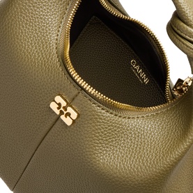 Ganni Hobo Mini Crossbody Bag in Military Olive, textured finish, gold-tone zip and Butterfly hardware detail, open top zip shown