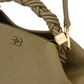 Ganni Bou Small Crossbody Bag in Military Olive with braided top handle, gold-tone hardware and textured finish, close-up detail view