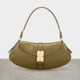 Ganni Military Olive leather shoulder bag with gold-tone floral clasp fastening and single top handle