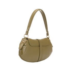 Ganni Military Olive leather shoulder bag, curved silhouette, gold-tone hardware and buckle detail, single top handle strap