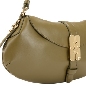 Ganni Military Olive leather shoulder bag with gold-tone logo clasp fastening and short top handle, close-up detail view.