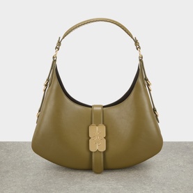 Ganni Military Olive leather shoulder bag with gold-tone floral clasp, single top handle and adjustable strap