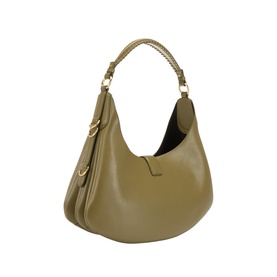 Ganni Military Olive leather shoulder bag with braided top handle and gold-tone hardware, crescent silhouette with zip detail.
