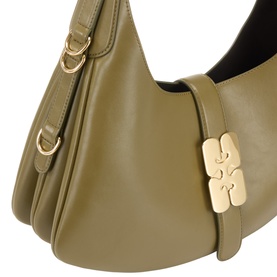 Ganni Military Olive leather shoulder bag, gold-tone puzzle clasp closure and adjustable strap detail, close-up view