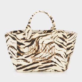 Ganni Zebra Logo XXL Shopper Tote Bag in Egret, zebra-print canvas with embroidered logo lettering and short carry handles