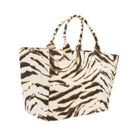 Ganni Zebra Logo XXL Shopper Tote Bag in Egret, zebra-print canvas with twin carry handles, structured silhouette