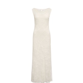 Forever New Jenna Panelled Lace Flared Dress in cream, sleeveless maxi length with floral lace embroidery and cowl neckline