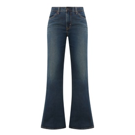 Levi's High Vibration flare jeans in mid-blue denim, high-rise waist, flared leg, flat lay product shot