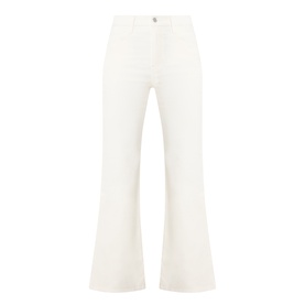 Levi's cream flare jeans with high waist, silver button, and wide-leg crop silhouette in cotton-elastane denim