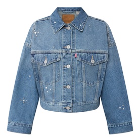 Levi's Trip On Drip Trucker denim jacket in mid-blue with white paint splatter detail, silver buttons, and chest pockets