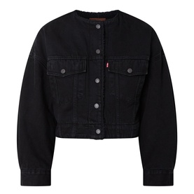 Levi's Cropped Sherpa Trucker Jacket in Slight Night black, collarless denim with dropped shoulders, chest flap pockets and front button fastening