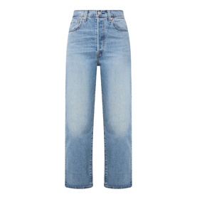 Light blue high-rise wide-leg jeans with faded wash, five-pocket styling, and visible logo patch at back waistband