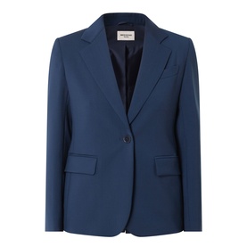 Max Mara Weekend navy virgin wool blazer with notch lapel, single button fastening and flap pockets