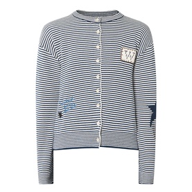 Max Mara Weekend Teiera Stripe Cardigan in navy pinstripes with button fastening, star and badge embellishments, and ribbed trims