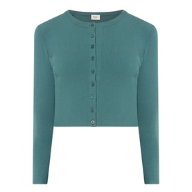 Max Mara Weekend Tennis Ribbed Cropped Cardigan in green with round neckline, front button fastening, long sleeves, and cropped hem.