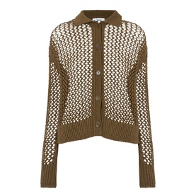 Max Mara Main Film Open-Knit Cardigan in kaki, polo collar, front button fastening, open-knit construction with ribbed trims