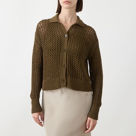 Model wearing Max Mara Main Film Open-Knit Cardigan in kaki, polo collar, button front, ribbed trims, styled with a cream midi skirt.